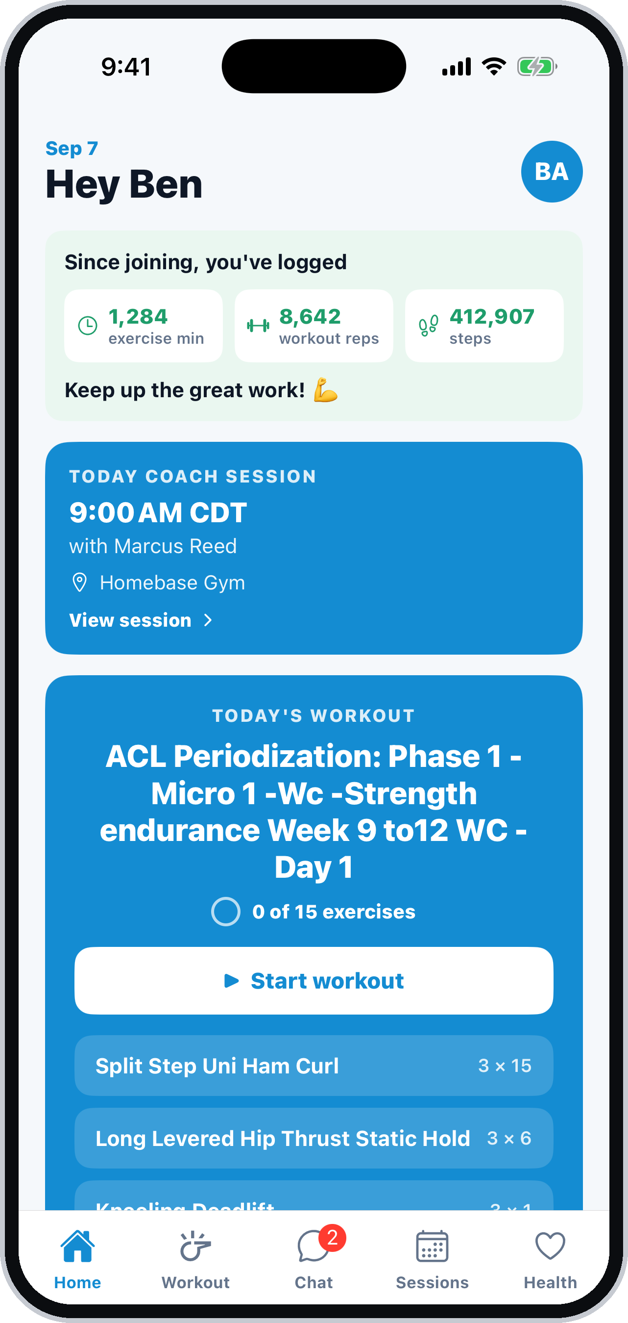 The athlete's home screen: today's session and workout, with steps already synced
