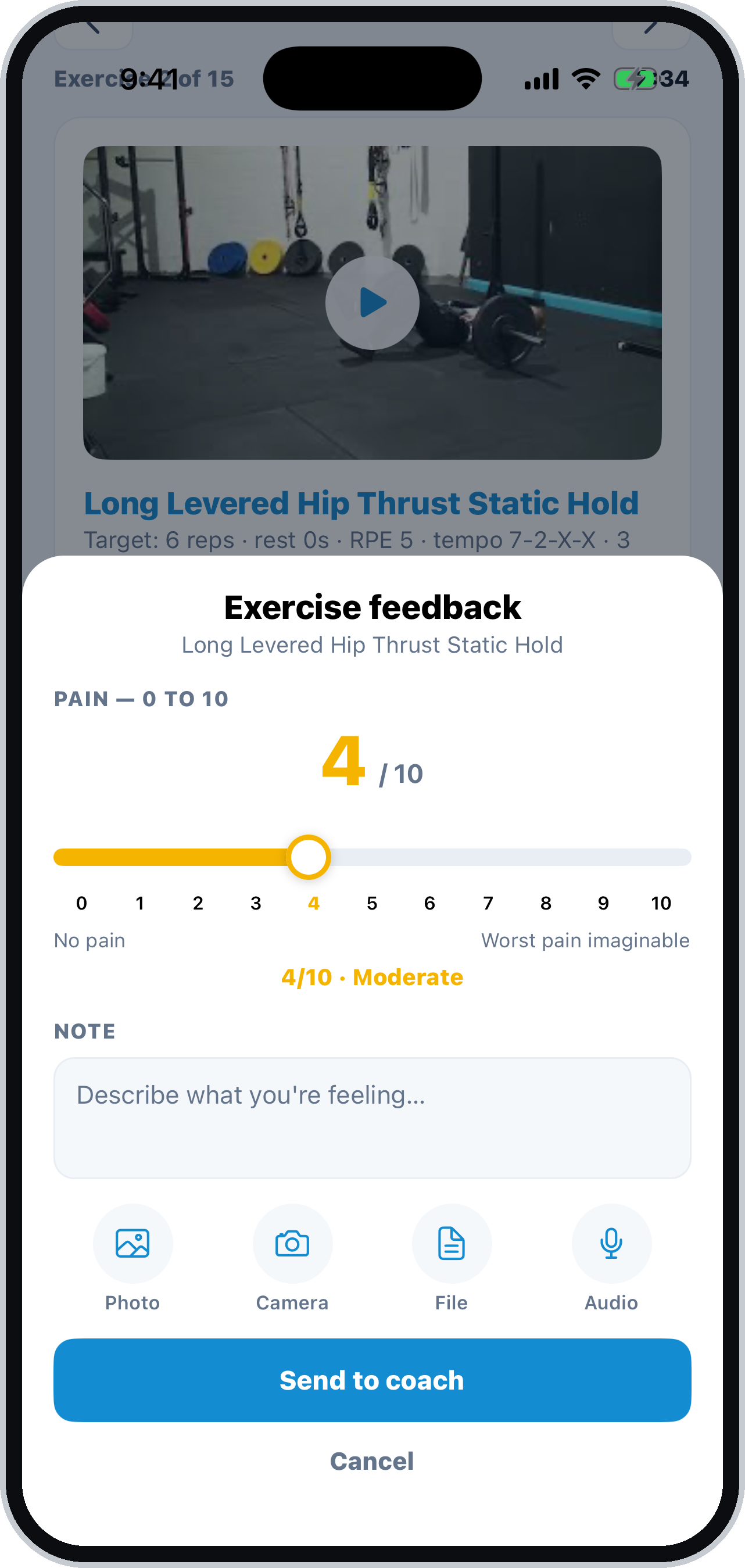 Flagging pain on the 0 to 10 scale mid-workout
