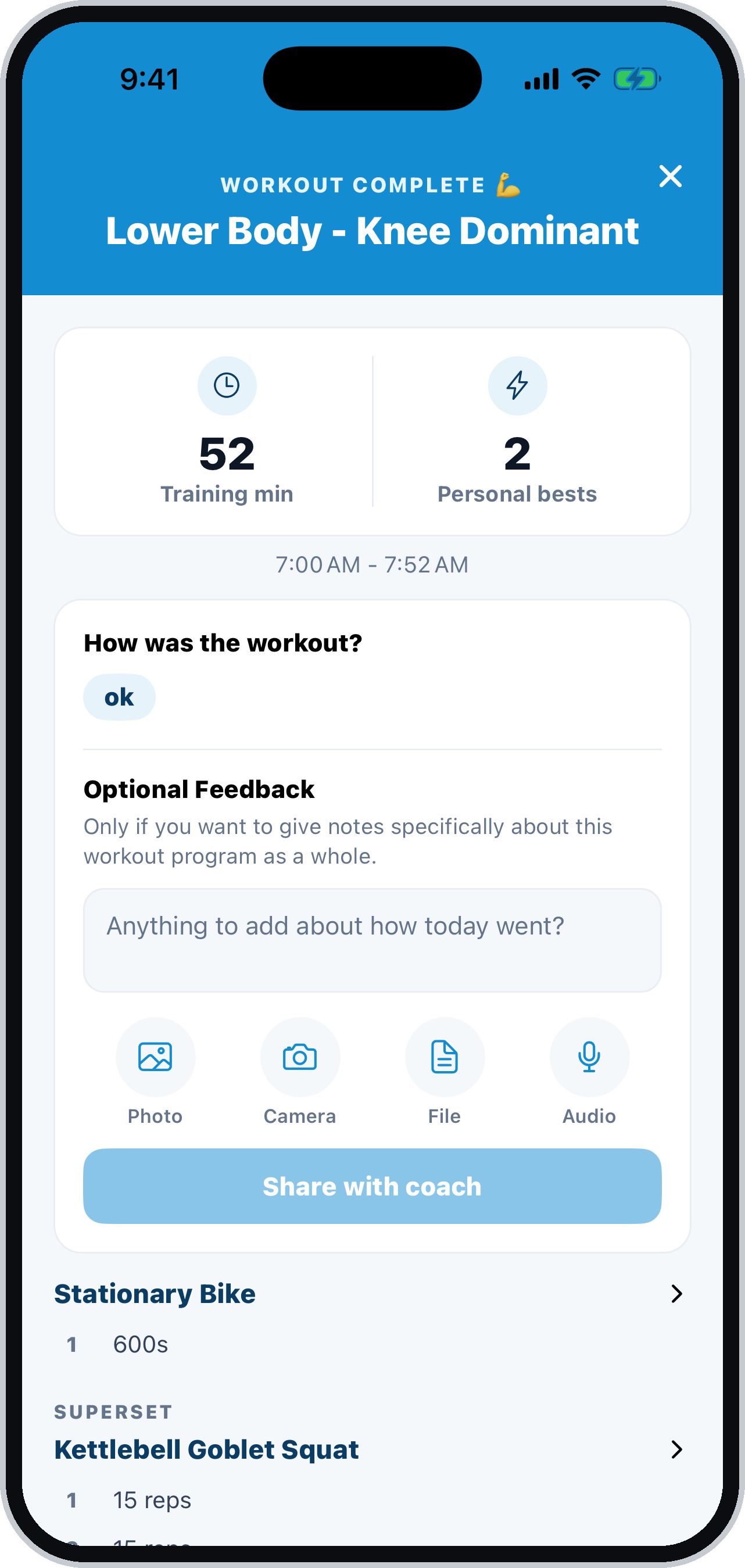 A finished workout with results and a note back