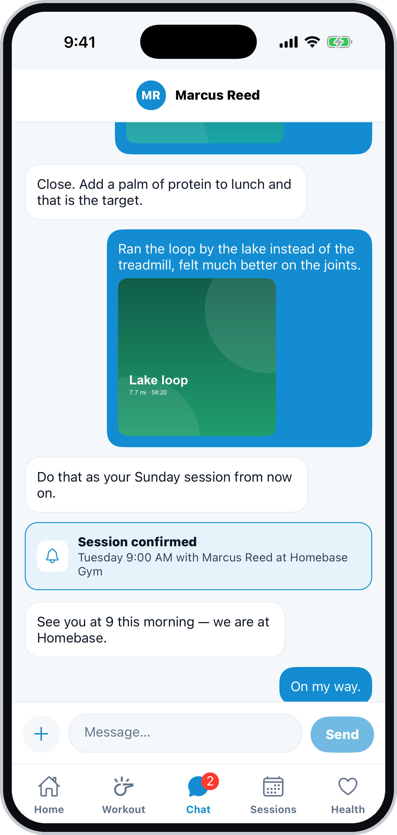 A message thread between an athlete and their coach