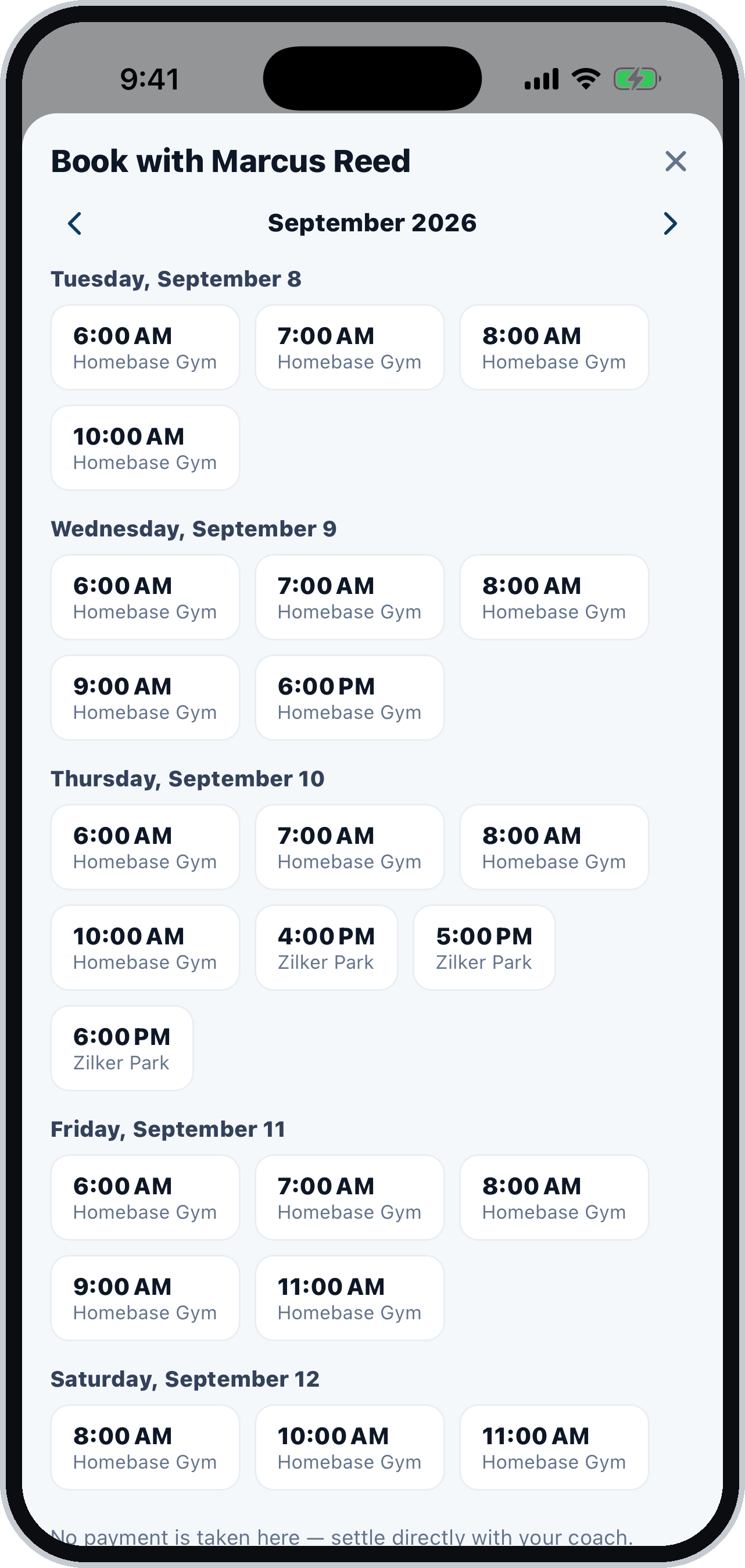 Booking a session from a coach's free slots