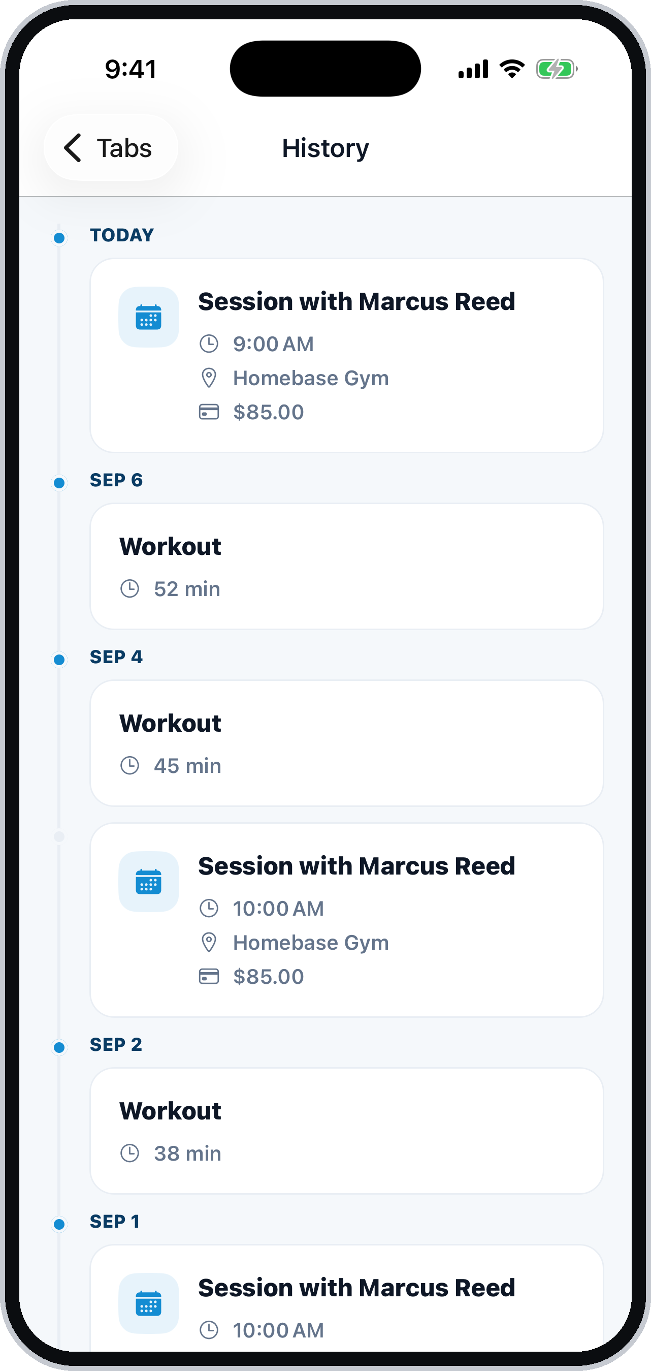 Every workout and session, kept