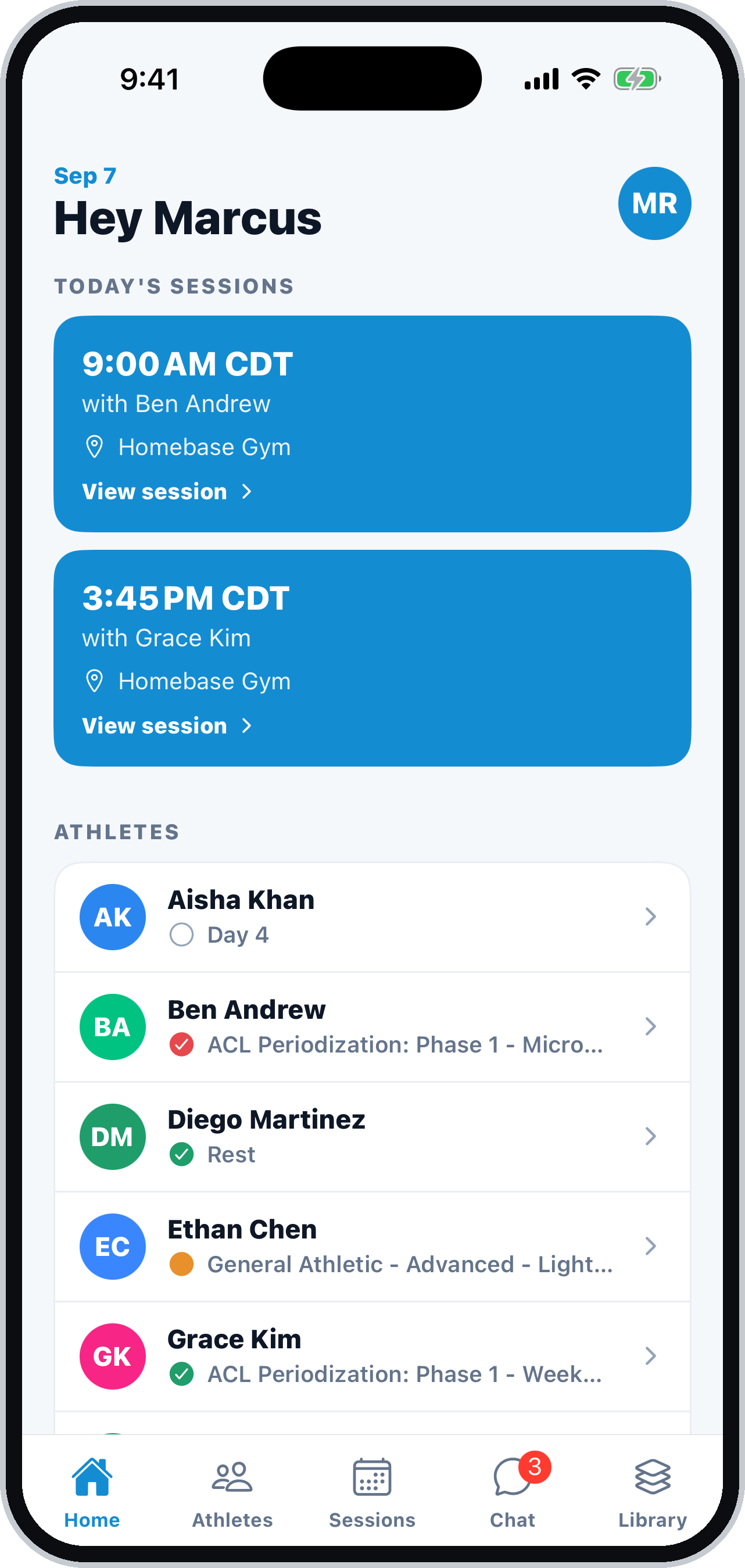 The coach's home screen: today's booked sessions and every athlete's status on one line